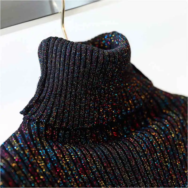 high-neck black 2 Ezsskj, высокоэластичное осенне-зимнее платье-свитер, женское, теплое, женское, водолазка, трикотажное, облегающее, элегантное, блестящее, Клубное платье OL - Цвет: high-neck black 2