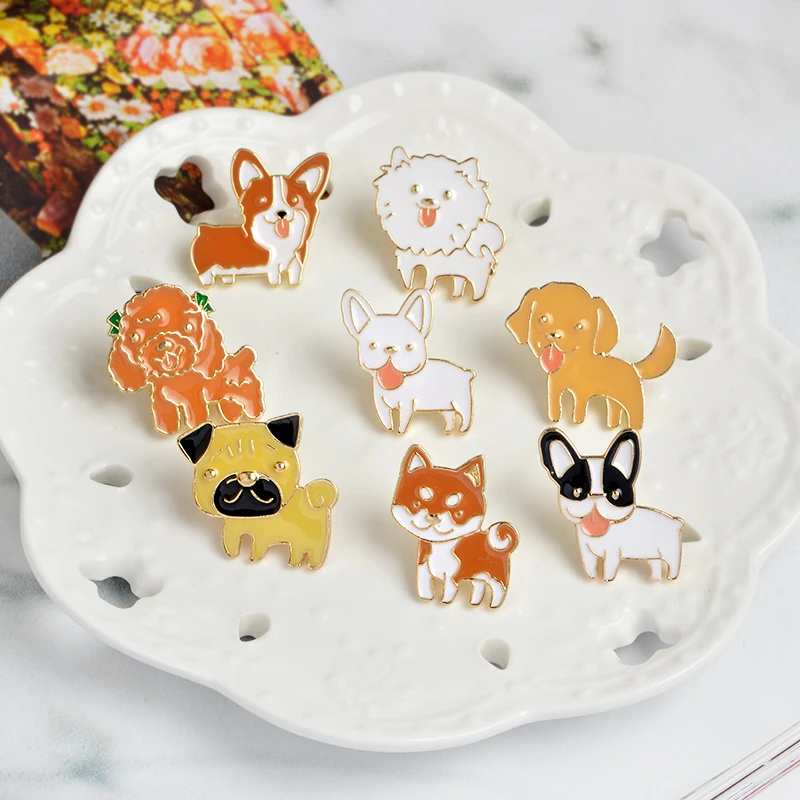 

8 Styles Little Dog Enamel Brooch Shiba Pomeranin Corgi Bulldog Pug Labrador Pins Clothes Bag Cap Badge Cartoon Animal Jewelry