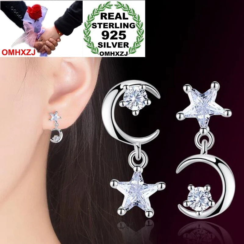 

OMHXZJ Wholesale Personality Fashion Asymmetric OL Woman Girl Party Gift Pentagram Moon 925 Sterling Silver Stud Earrings YS456