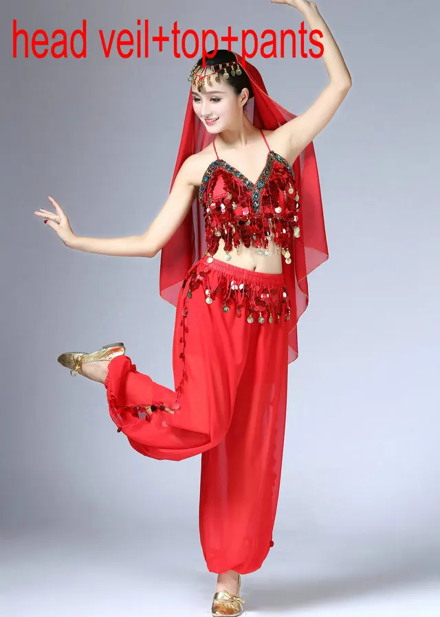 Veil Top Pants Костюм для танца живота с блестками для девочек топ бюстгальтер на бретельках с завязкой вуаль Женская Клубная одежда костюм комплект фестиваль Болливуд Восточный танец наряд - Цвет: Veil Top Pants