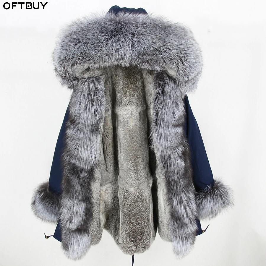 OFTBUY новая зимняя куртка женская длинная парка Воротник из меха серебристой лисы с капюшоном Толстая теплая верхняя одежда с подкладкой из меха кролика уличная одежда Новинка