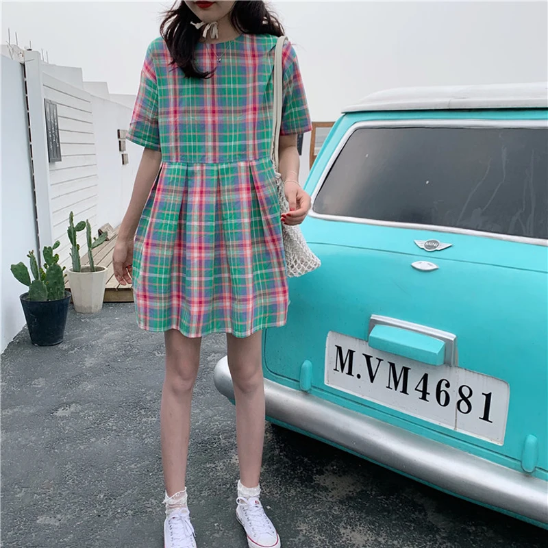 Летняя винтажная клетчатая высокая талия платье рубашка женские Kawaii милые