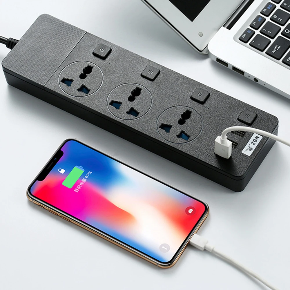USB Мощность полосы 3 Универсальный AC Розетка с розетки выключатель 2 м кабель