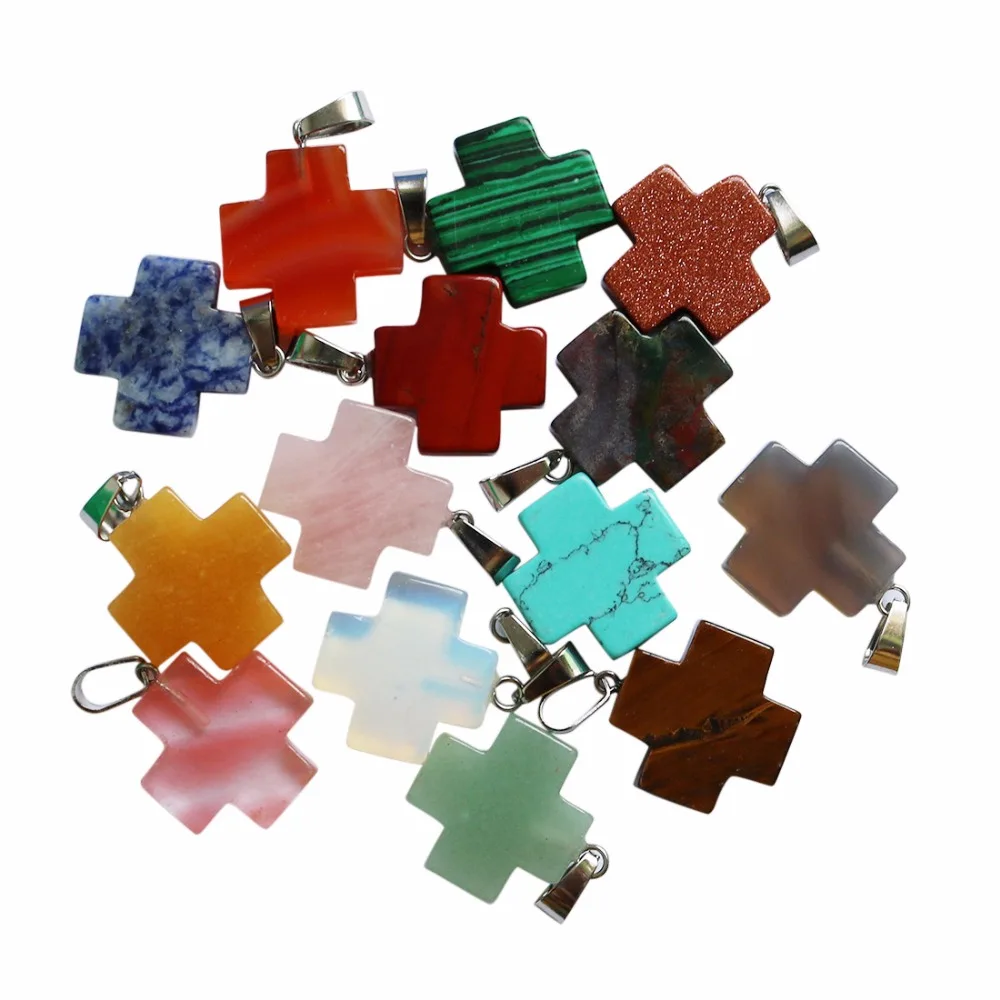 mixed color 25 шт./партия, хит, натуральный камень, смешанный цвет, крест, подвеска для изготовления украшений ожерелья, подарок для женщин,, 20 мм - Окраска металла: mixed color
