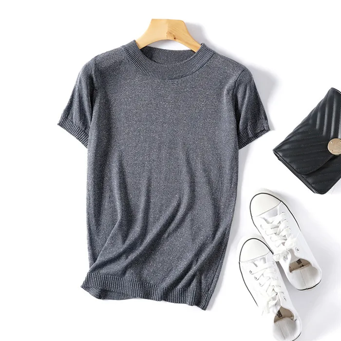 D00300 dark gray Летние блестящие топы с люрексом, тонкая Женская Базовая футболка, повседневная Однотонная футболка с круглым вырезом, женская трикотажная футболка с короткими рукавами с блестками D300 - Цвет: D00300 dark gray