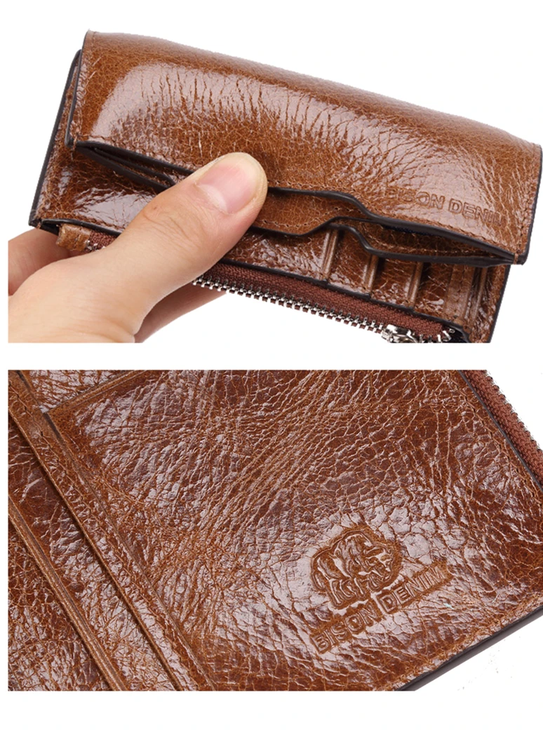 BISON DENIM мужские кошельки из воловьей кожи, мужской кошелек, короткий кошелек для монет, винтажный кошелек на молнии, брендовый дизайнерский тонкий кошелек W4454