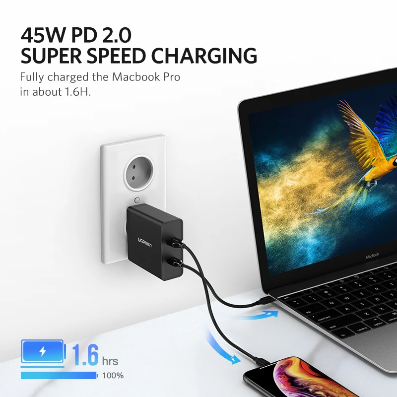 Ugreen USB зарядное устройство PD 45 Вт быстрое для iPhone X 8 Quick Charge 3 0 Для Xiaomi Phone MacBook Pro