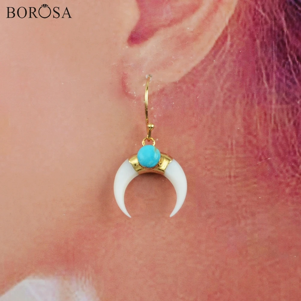 

BOROSA 5Pairs Horn Gold Plating Natural White Shell & Round Natural Turquoises Drop Earrings Natural Shell Earring Jewelry G1835