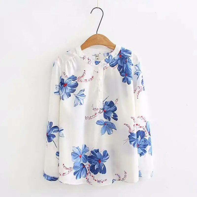 4XL Korean Fashion Autumn For Women Chiffon Blouse Plus Size Long Sleeve Floral Printed Red White Black Shirt Top Plus Size - Цвет: white