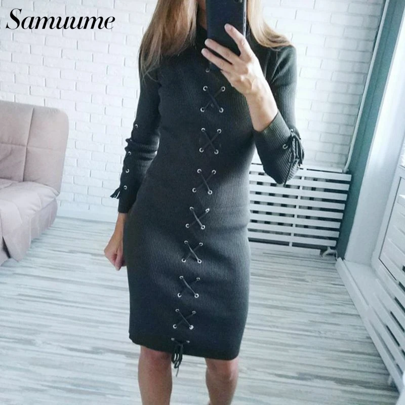 Samuume осень-зима Для женщин на шнуровке оберточная бумага платья с длинным рукавом