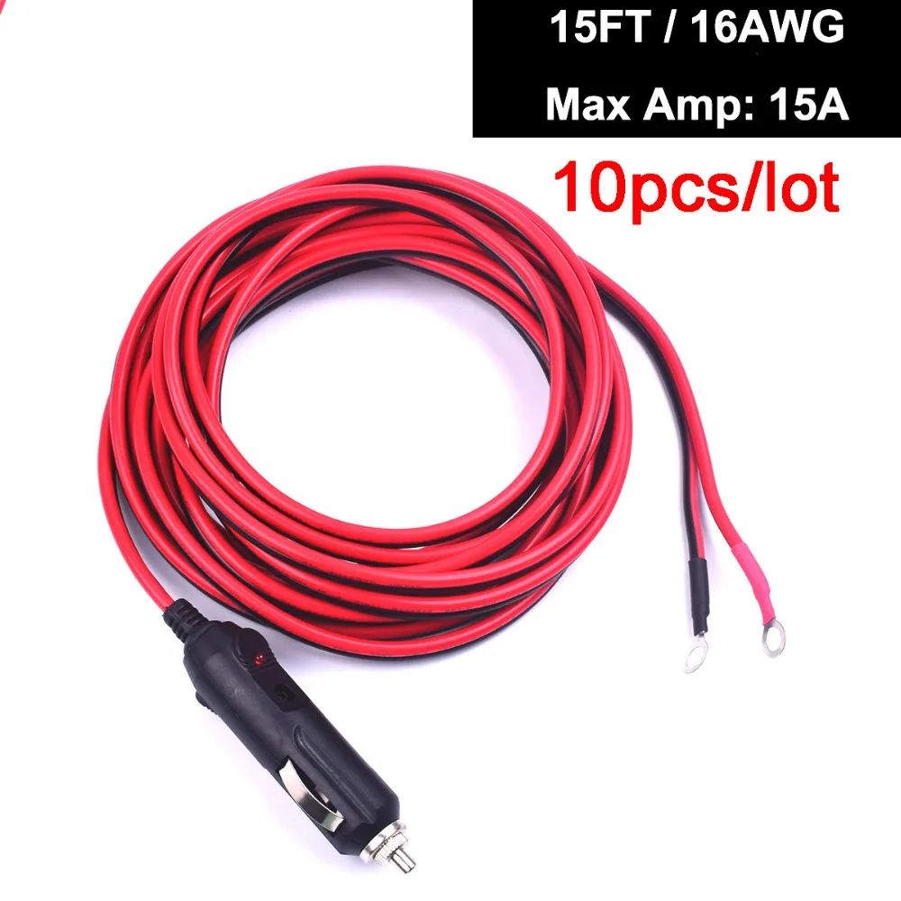 

10pcs 12v/24v Premuim Cigarette Lighter Male Plug to Raw Cable Eyelet Terminal Extension Adapter 15FT/15A Heavy Duty Supply Cord
