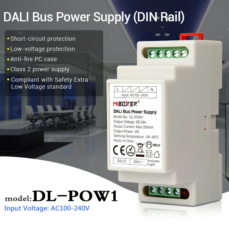 MiBOXER DL-POW1 DALI Bus Power Supply DIN Rail DC16V Output Current 250mA Max Reted Power 4W AC100-240V