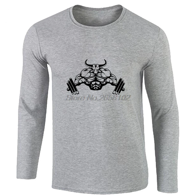 Осенняя забавная футболка для фитнеса Barbell Bull модная Мужская хлопковая с длинным