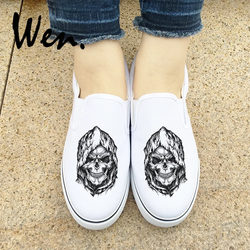 

Wen Design Death Skull Grim Reaper Athletic Men Sneakers White Black 2 Choices Slip On Women Canvas Sports Shoes Low Plimsolls