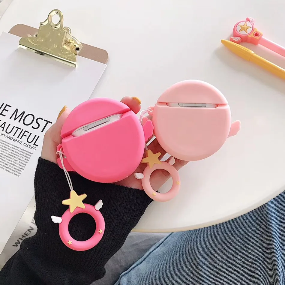 3D чехол для наушников для AirPods, силиконовый чехол с милым мультяшным изображением сакуры, Розовая звезда, Крыло ангела, чехол для Apple Air pods, 2 кольца на палец