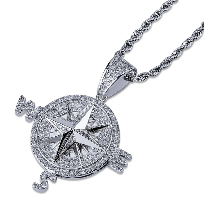 

European and American hiphop compass compass pendant personality full zircon men's necklace