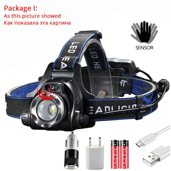 Package I 2000LM ИК-датчик светодиодный налобный фонарь для рыбалки V6/L2/T6 Водонепроницаемый налобный фонарь с масштабируемым налобным фонариком с батареей 18650 - Испускаемый цвет: Package I