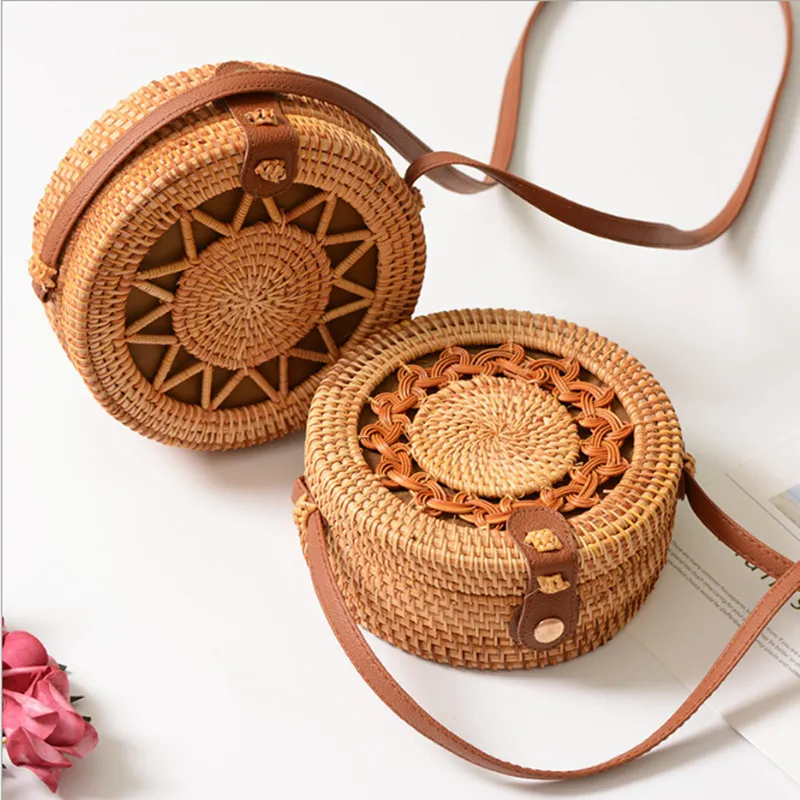 

2019 Summer Bali Black Round Rattan Bags For Women Boho Beach Crossbody Bag Straw Handmade Woven Circle Sac a Main Shoulder Bag
