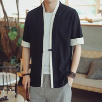 4321 summer short sleeve shirt men cotton linen solid color kimono shirt male cardigan chinese style plus size casual vintage