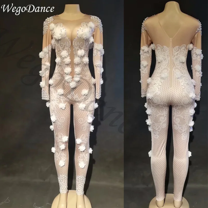 

new sexy Nightclub Stage White Flowers Printed Jumpsuit Rhinestones Pearls Bodysuit Singer Wear Women Birthday Celebrate Outfit