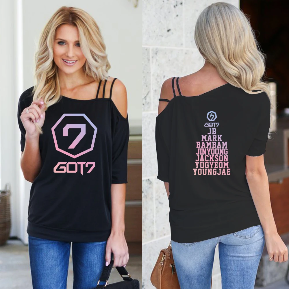 Женская футболка с открытыми плечами GOT7 летняя уличная модная коротким рукавом в