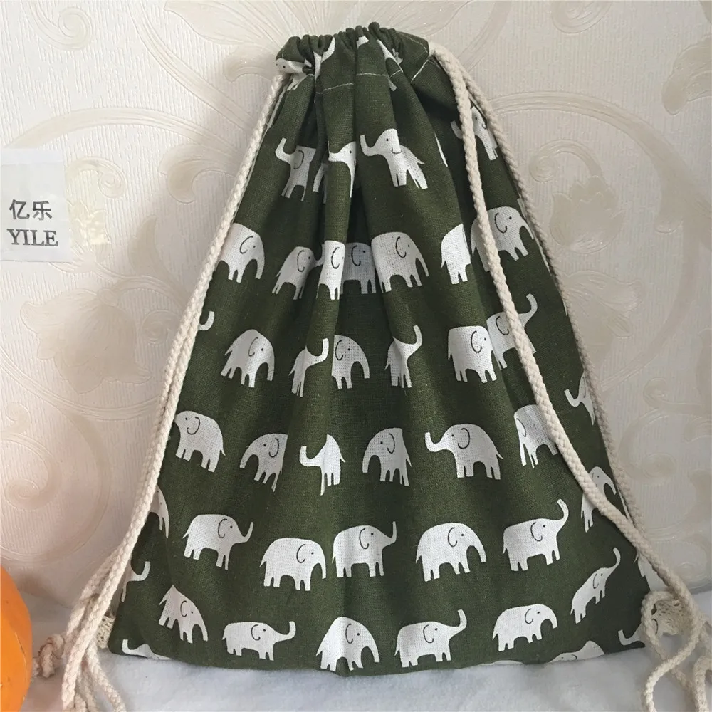

YILE Handmade NEW Green Cotton Linen Drawstring Travel Backpack Student Book Bag Printed Elephant B417
