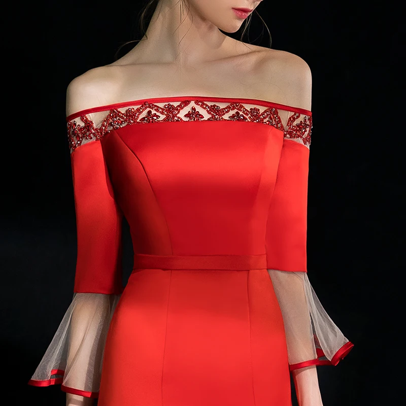 Красное Атласное длинное платье подружки невесты с открытыми плечами и бусинами