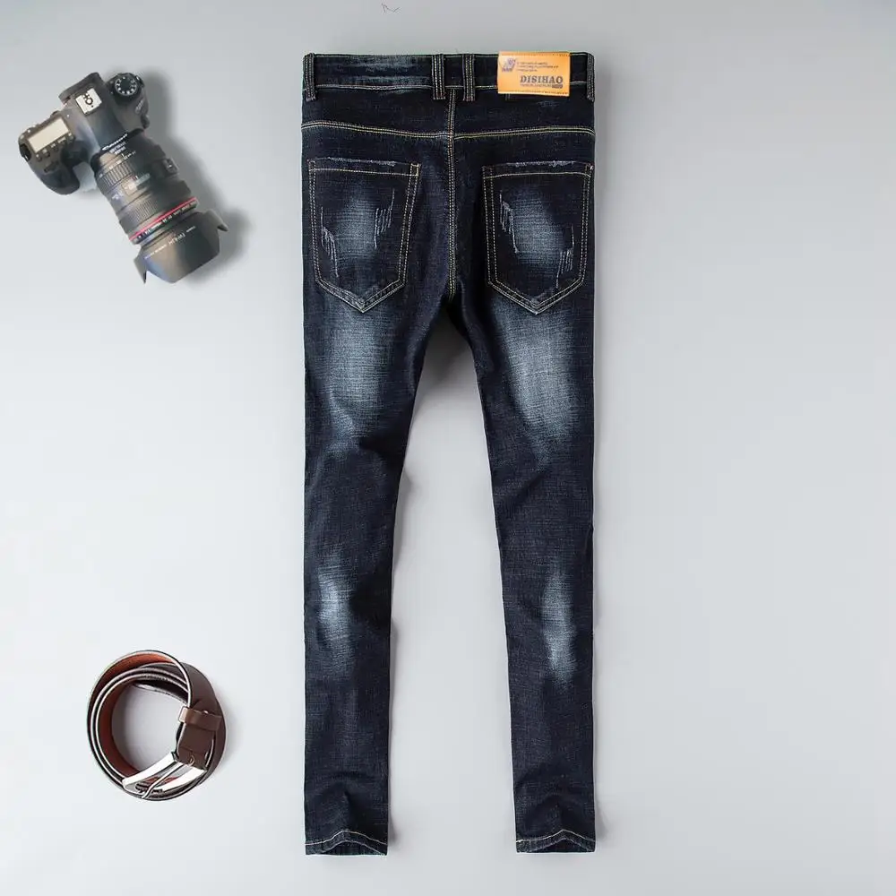 Мужские джинсы стрейч потертые в стиле хип хоп состаренный дизайн мужские