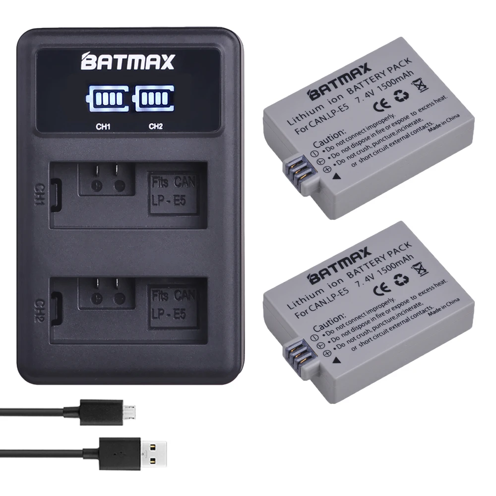 

2Pcs 1500mAh LPE5 LP-E5 LP E5 Battery + LED USB Dual Charger for Canon EOS Rebel XS, Rebel T1i, Rebel XSi, 1000D, 500D, 450D, Ki