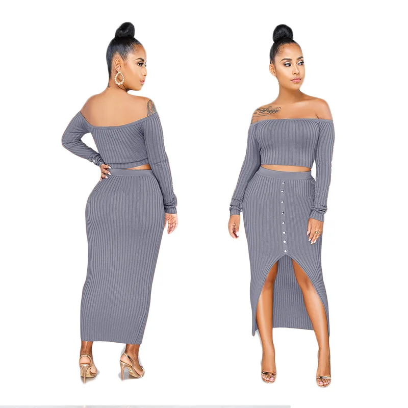 Two Piece Set Ribbed Long Sleeve Strapless Crop Top and Bodycon Skirt Dress 2 Women's Suits Outfits | Женская одежда