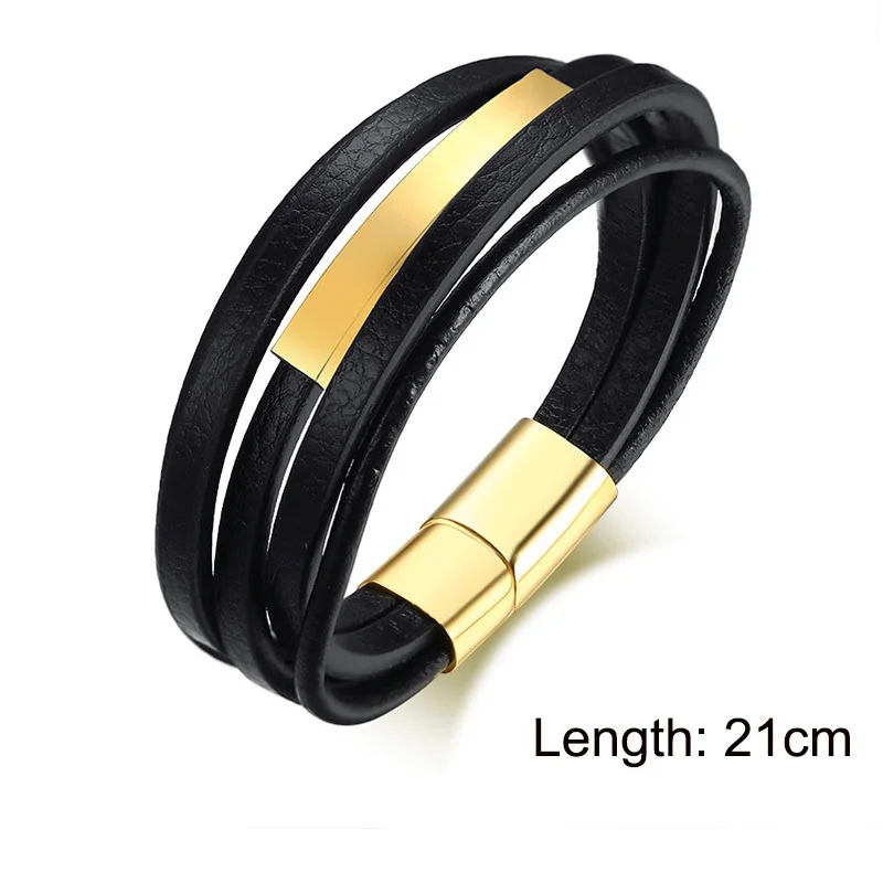 Gold 21cm Vnox, мужские очаровательные классические браслеты, многослойные кожаные браслеты, браслеты с магнитной пряжкой из нержавеющей стали, Pulseira Masculina - Окраска металла: Gold 21cm