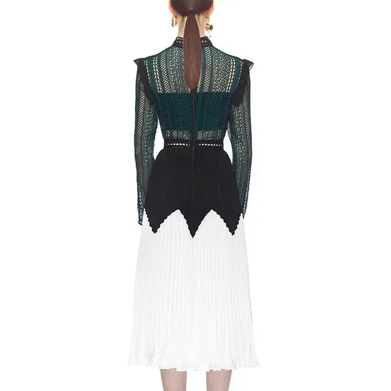 Autumn Self Portrait Lace Dress Runway Women Chiffon Patchwork Long Sleeve Pleated Sexy Crochet Hollow Out Party Dresses | Женская