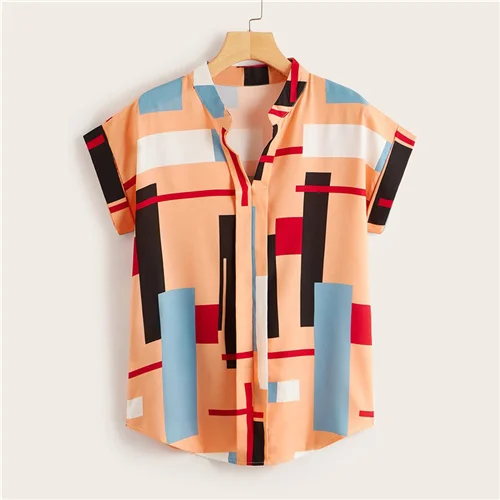 Multicolor2 Sheinside Повседневная Лоскутная Блузка с закатанными рукавами для женщин летние блузки с коротким рукавом женские топы с v-образным вырезом и изогнутым подолом - Цвет: Multicolor2
