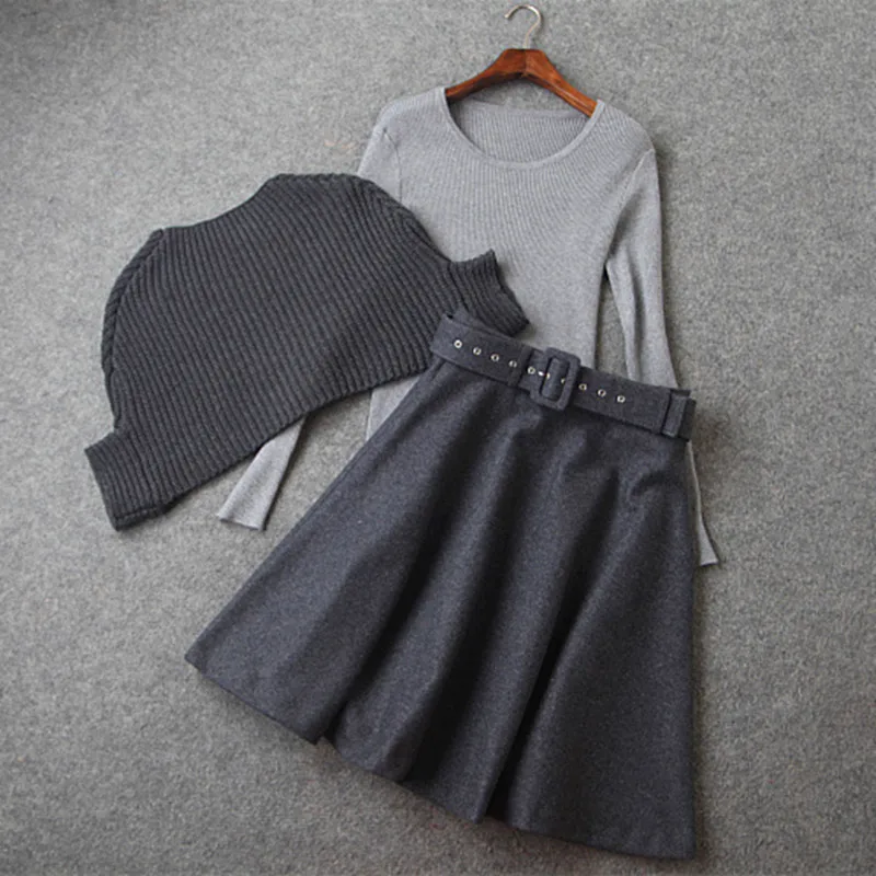 

women knitwear three-piece solid fashion suit sweaters coat tweed skirt with belt clothing set aristocratic knitting sweater