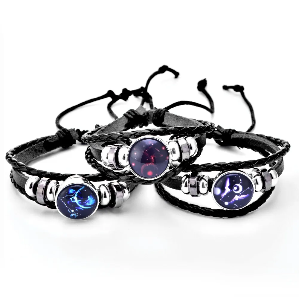 12 знаков созвездий панк черный плетеный кожаный браслет для женщин мужчин весы