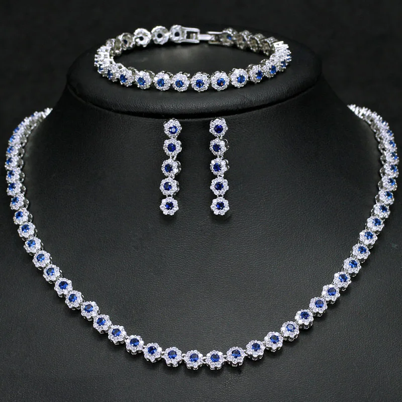 blue CWWZircons высокое качество сверкающие разноцветные красный зеленый фиолетовый кубический цирконий женские свадебные ювелирные комплекты для невест T246 - Окраска металла: blue