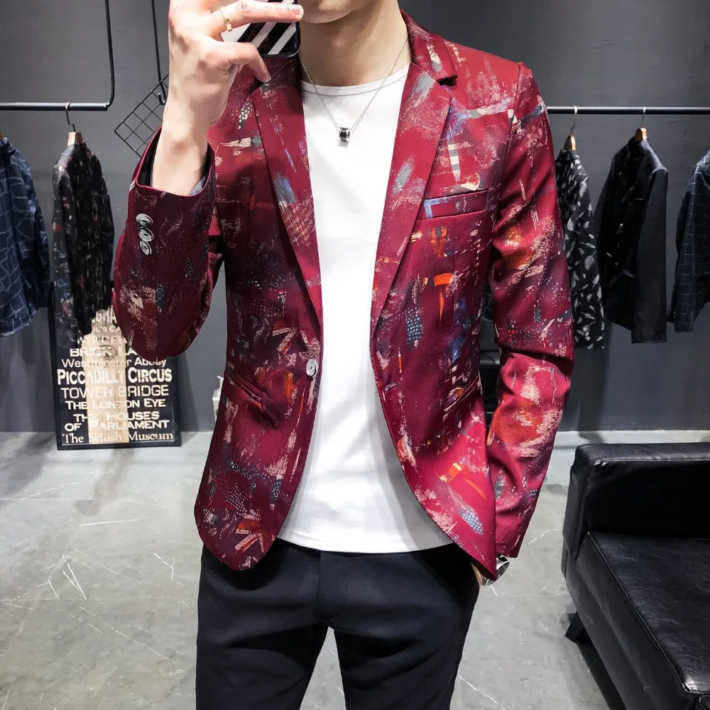 Цвет красного вина повседневный мужской блейзер Slim Fit сценические вечерние
