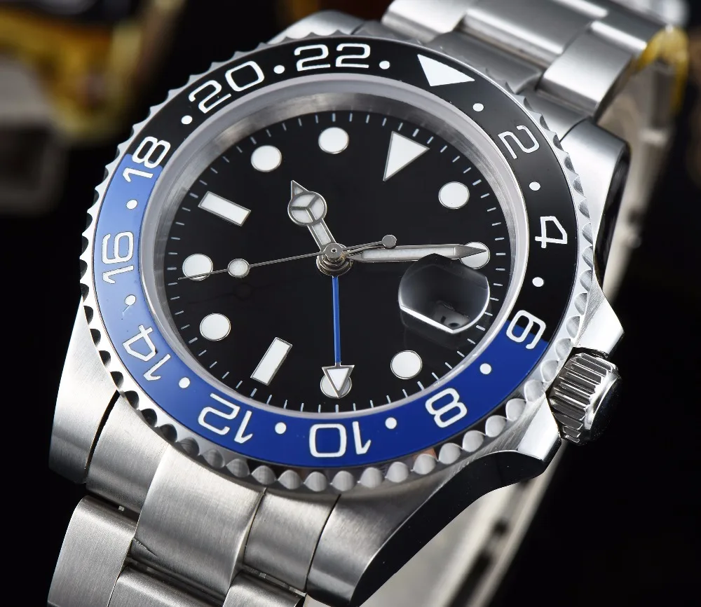 40 мм GMT часы стерильные bomax Марина циферблатом световой Handsblue/черный ободок