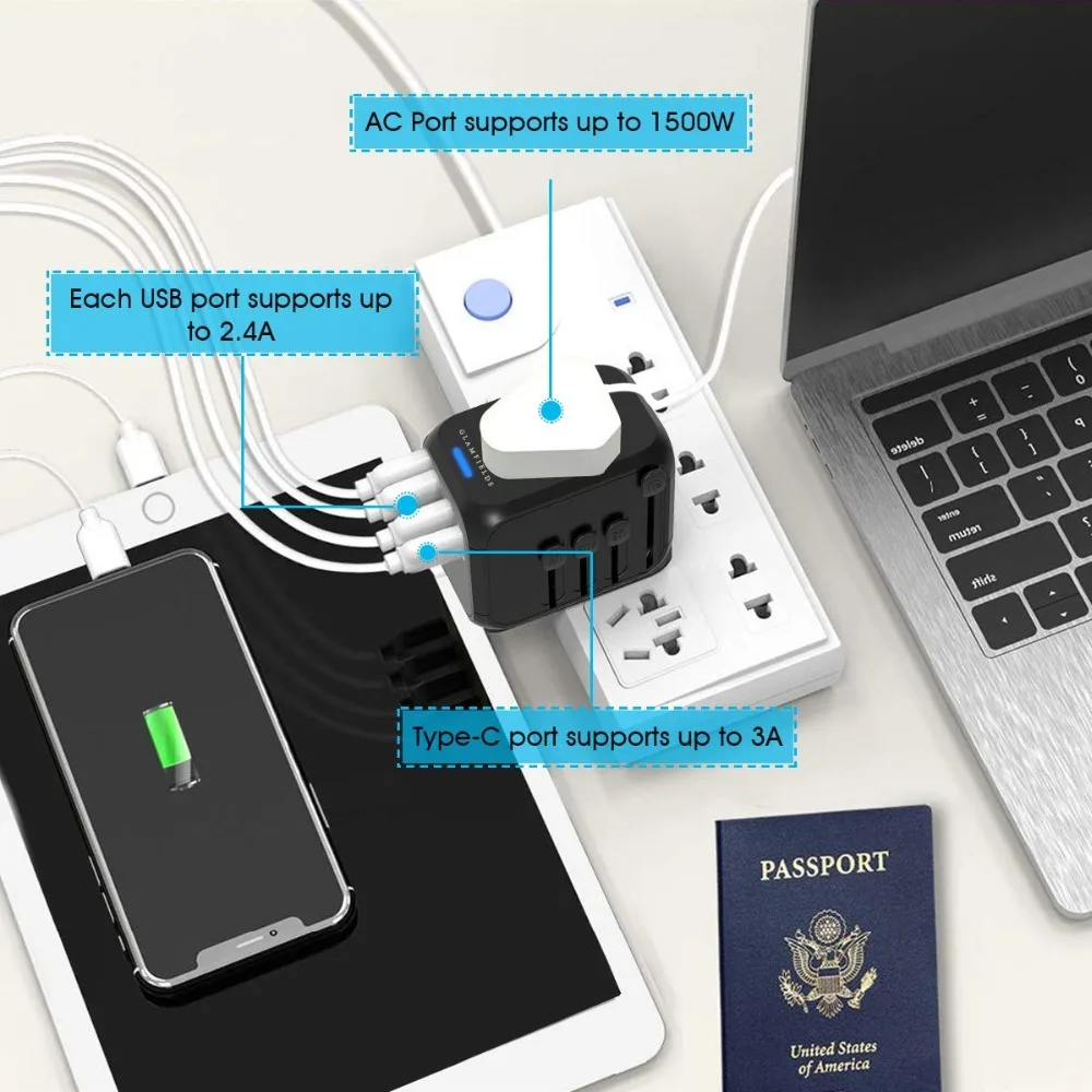 MAXAH дорожный адаптер с 3 USB зарядным устройством и Type C универсальный для