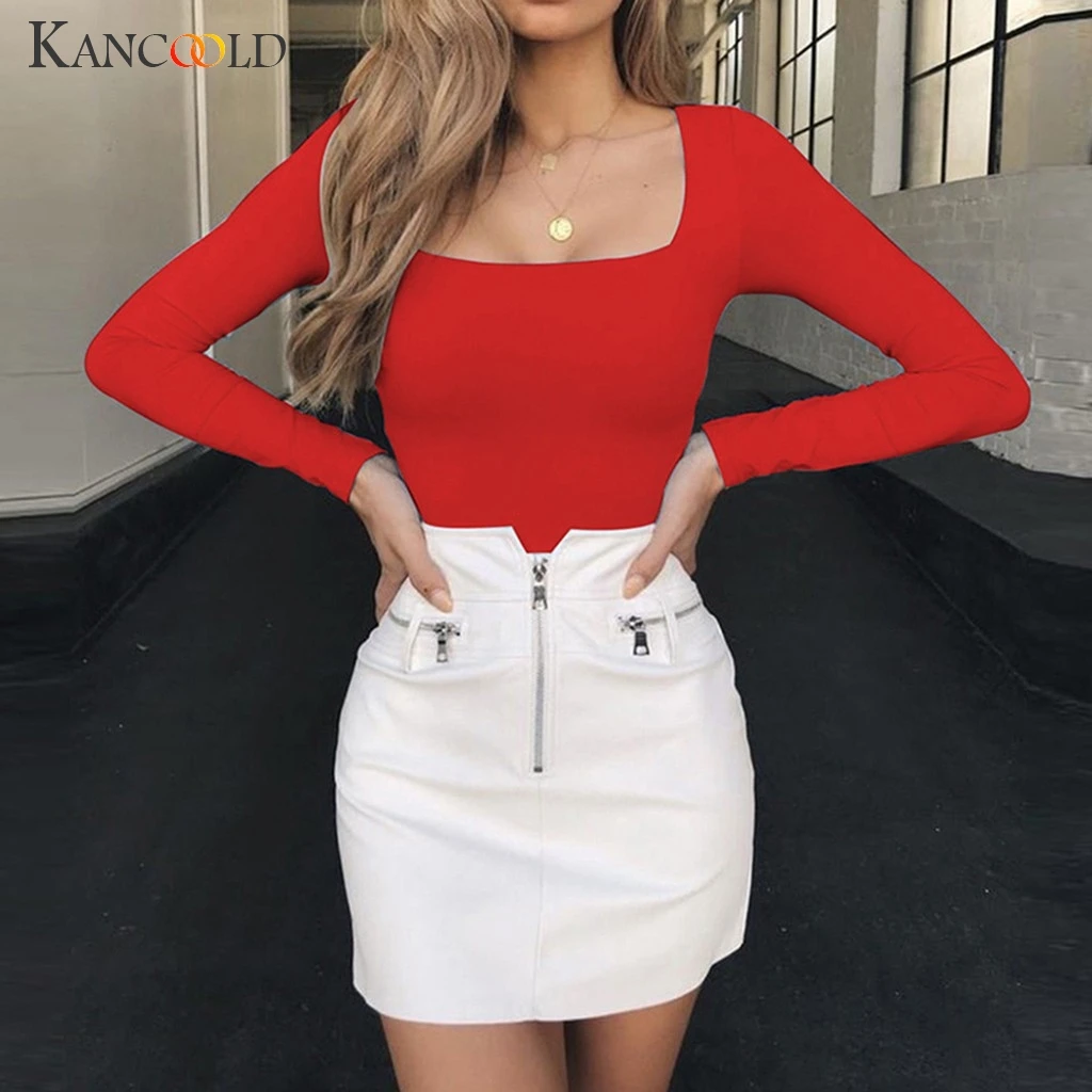 KANCOOLD, топ, футболка, модная, женская, длинный рукав, одноцветная, квадратная горловина, футболка, длинная, свободная, повседневная, вечерние, сексуальная, топ, femme 2018dec24