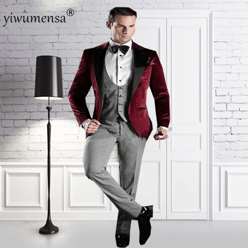 Черный велюр куртка Комплект со брюками одежды Повседневное Slim Fit мужской костюм