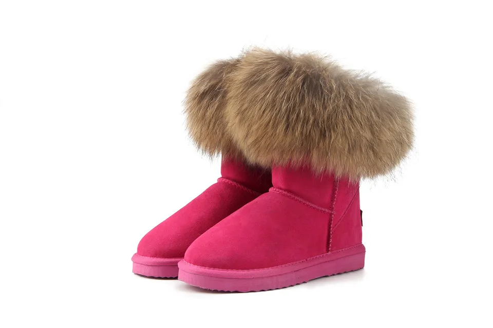 MBR FORCE Fashion Women's Natural Real fox Fur Snow Boots Genuine Cow Leather women Boots Female Warm Winter Boots Shoes