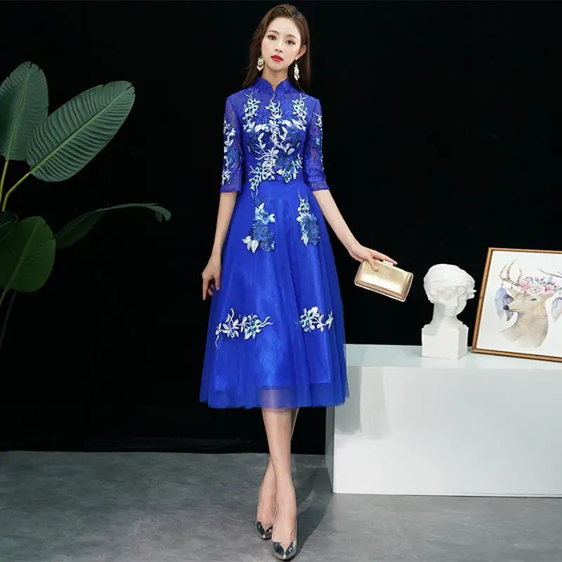 Женские вечерние платья восточные женские кружевные Cheongsam элегантный в китайском стиле длинные Qipao сексуальные тонкие свадебные платья Vestidos xs-xxxl - Цвет: Blue - A