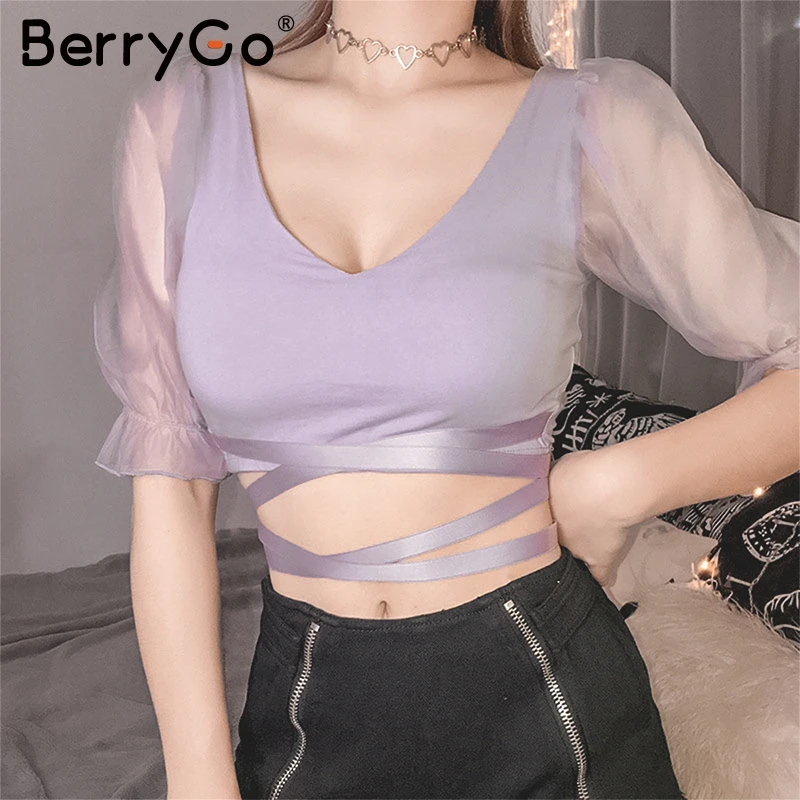 BerryGo сексуальные сетчатые женские короткие топы с v образным вырезом бандажные