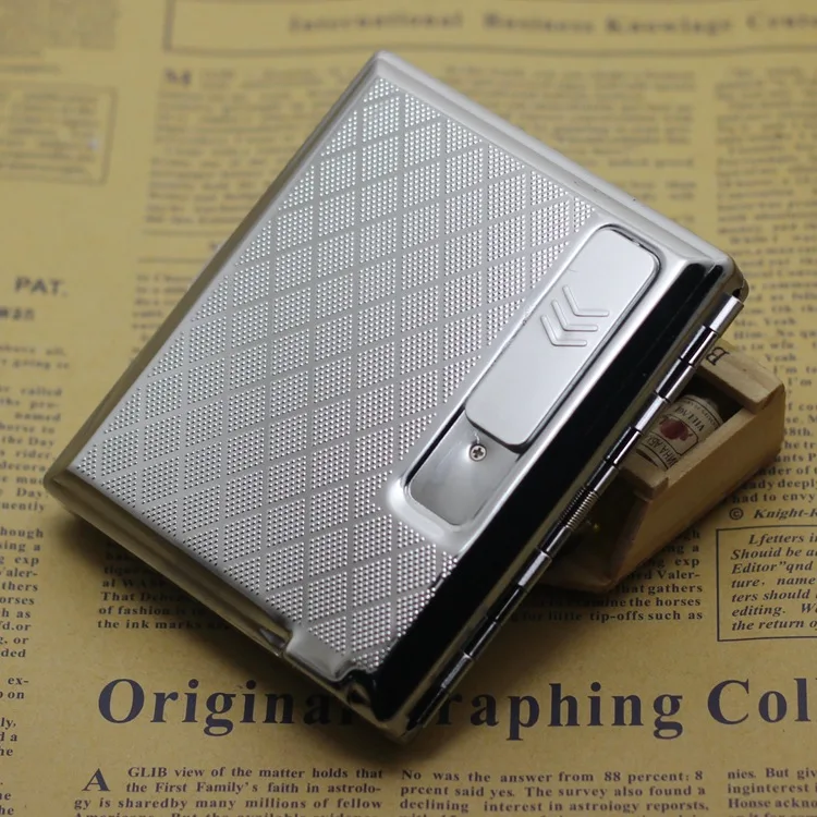 Креативный Ретро футляр для сигарет с зажигалкой ветрозащитный USB зажигалки Ciagrette Чехол Держатель табак Чехол для хранения 15 сигарет - Цвет: silver