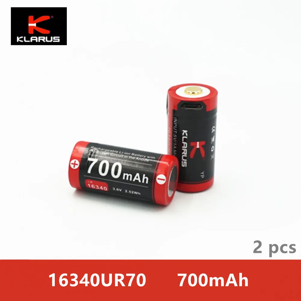 2 шт Klarus 16340UR70 700 mah литий ионная аккумуляторная батарея с портом зарядки Micro usb 3 6 V