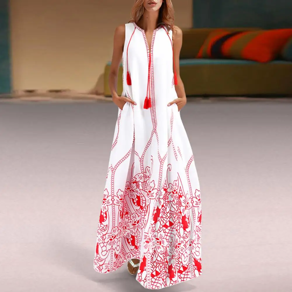 Boho шикарное Повседневное платье макси без рукавов с кисточками летний сарафан sukienka женское сексуальное пляжное платье-туника с v-образным вырезом белое длинное платье