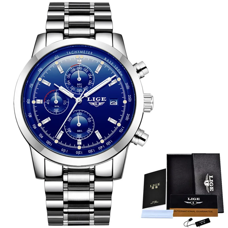 steel silver blue LIGE часы для мужчин модные спортивные кварцевые часы для мужчин s часы лучший бренд класса люкс Полный сталь Бизнес водонепроницаемые часы Relogio Masculino - Цвет: steel silver blue