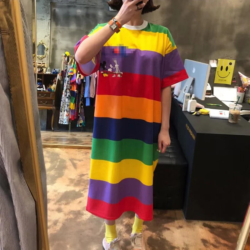 Корейское хлопковое летнее платье футболка с круглым вырезом и коротким рукавом