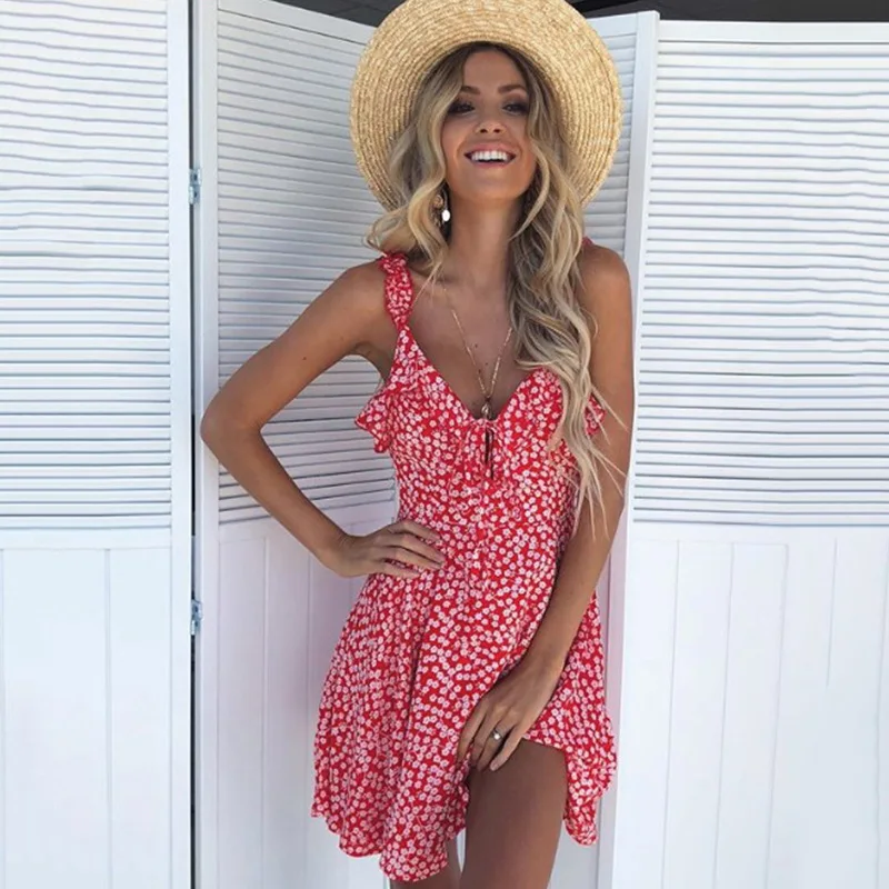 Летнее женское сексуальное пляжное платье в горошек без рукавов с v образным
